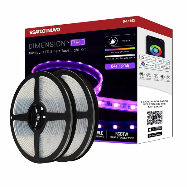 Nuvo Dimension Pro Tape Light Strip 64 ft. RGB + Tunable White - Plug - IP65 - Starfish IOT - RF Remote 64/142